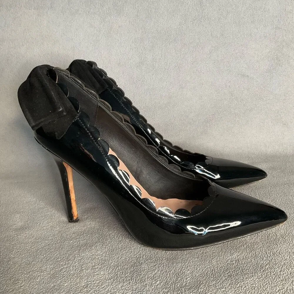 Kate Spade Pointed Heels Maxine Black Patent Leather Scallops Bows Stilettos 10M